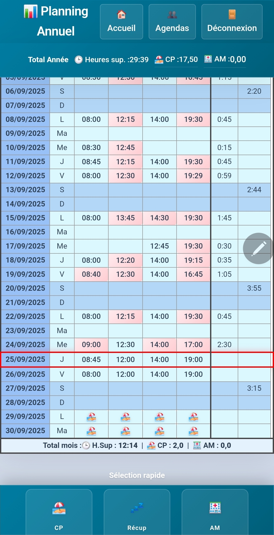 Interface de planning